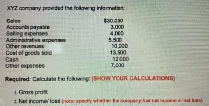 XYZ company provided the following information:
$30,000
3,000
Sales
Accounts payable
Selling expenses
Administrative expenses
Other revenues
Cost of goods sold
Cash
Other expenses
4,000
5,500
10,000
13,500
12,000
7,000
Required: Calculate the following: (SHOW YOUR CALCULATIONS)
1. Gross profit
2. Net income/ loss (note: specify whether the company had net income or net loss)
