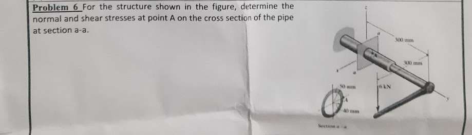 Problem 6 For the structure shown in the figure, determine the
normal and shear stresses at point A on the cross section of the pipe.
at section a-a.
mun
40 mm
300 mm
300 mm