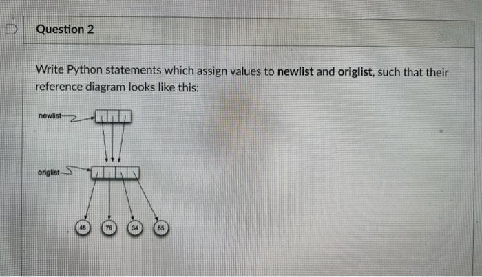 Question 2
Write Python statements which assign values to newlist and origlist, such that their
reference diagram looks like this:
newlist
origlist
