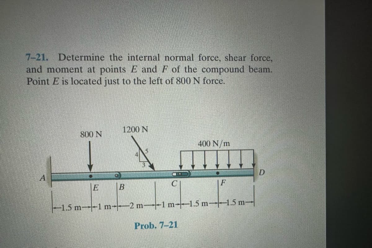 7-21. Determine the internal normal force, shear force,
and moment at points E and F of the compound beam.
Point E is located just to the left of 800 N force.
A
800 N
1200 N
B
5
400 N/m
1.1
-1.5 m-1 m2 m-1 m-1.5 m-
Prob. 7-21
F
-1.5 m-