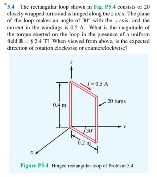 *5.4 The rectangular loop shown in Fig. P5.4 consists of 20
closely wrapped turns and is hinged along the z axis. The plane
of the loop makes an angle of 30° with the y axis, and the
current in the windings is 0.5 A. What is the magnitude of
the torque exerted on the loop in the presence of a uniform
field B = y 2.4 T? When viewed from above, is the expected
direction of rotation clockwise or counterclockwise?
0.4 m
I=0.5 A
30°
0.2 m
20 turns
Figure P5.4 Hinged rectangular loop of Problem 5.4.