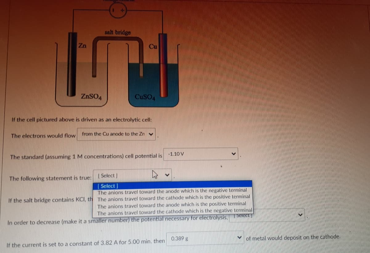 Zn
The electrons would flow
ZnSO4
+
salt bridge
Cu
If the cell pictured above is driven as an electrolytic cell:
CuSO4
The following statement is true:
from the Cu anode to the Zn V
The standard (assuming 1 M concentrations) cell potential is
-1.10 V
[Select]
[Select]
The anions travel toward the anode which is the negative terminal
If the salt bridge contains KCI, th The anions travel toward the cathode which is the positive terminal
The anions travel toward the anode which is the positive terminal
The anions travel toward the cathode which is the negative terminal
Select
In order to decrease (make it a smaller number) the potential necessary for electrolysis,
If the current is set to a constant of 3.82 A for 5.00 min. then 0.389 g
of metal would deposit on the cathode.