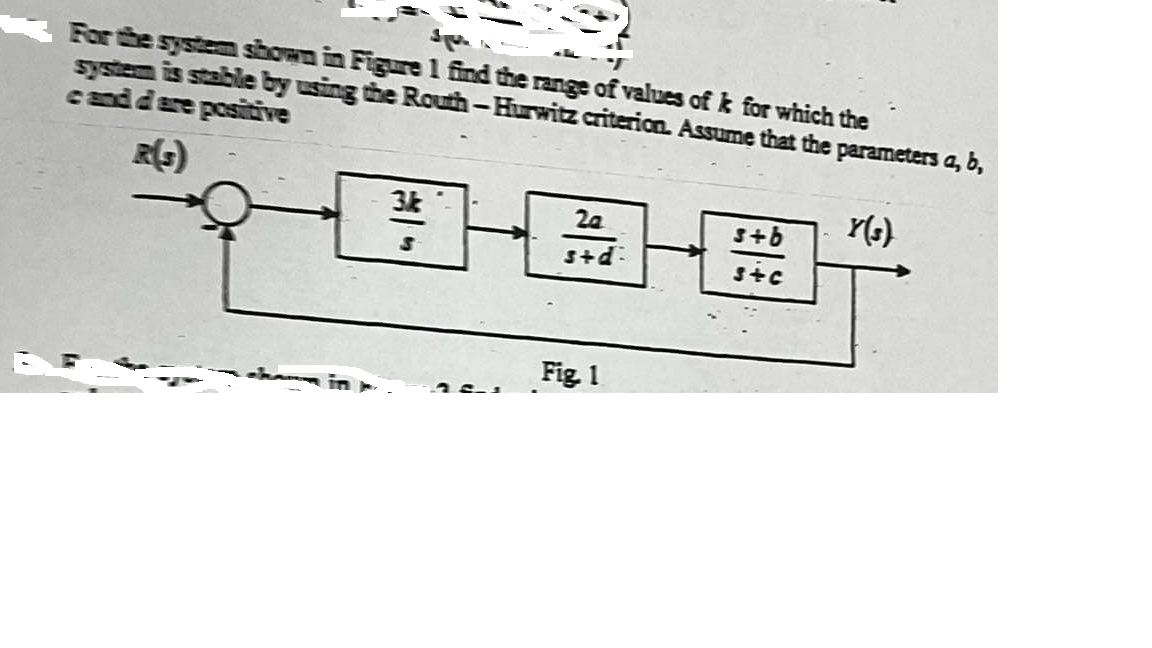 For the system shown in Figure 1 find the range of values of k for which the
system is stable by using the Routh-Hurwitz criterion. Assume that the parameters a, b,
cand d' are positive
R(S)
Y(s)
3k
S
20
s+d:
Fig. 1
s+b
S+C