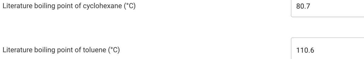 Literature boiling point of cyclohexane (°C)
80.7
Literature boiling point of toluene (°C)
110.6
