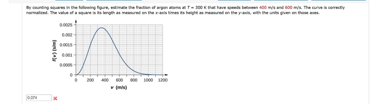 By counting squares in the following figure, estimate the fraction of argon atoms at T = 300 K that have speeds between 400 m/s and 600 m/s. The curve is correctly
normalized. The value of a square is its length as measured on the x-axis times its height as measured on the y-axis, with the units given on those axes.
0.074
(w/s) (^)!
x
0.0025
0.002
0.0015
0.001
0.0005
0
0
200
400
600 800 1000 1200
v (m/s)