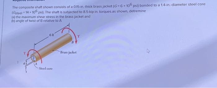 The composite shaft shown consists of a 0.15-in.-thick brass jacket (G= 6 x 106 psi) bonded to a 1.4-in.-diameter steel core
(Gsteel 14 x 106 psi). The shaft is subjected to 8.5-kip-in. torques.as shown, detremine
(a) the maximum shear stress in the brass jacket and
(b) angle of twist of B relative to A
6 ft
Steel core
Brass jacket
A