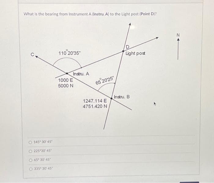 What is the bearing from Instrument A (Instru. A) to the Light post (Point D)?
C
O 145° 30° 45°
225 30' 45
65° 30° 45°
335° 30' 45°
110°20'35"
Instru. A
1000 E
5000 N
65°20'25"
1247.114 E
4751.420 N
Light post
Instru. B
N