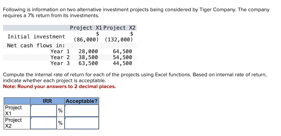 Following is information on two alternative investment projects being considered by Tiger Company. The company
requires a 7% return from its investments.
Initial investment
Net cash flows in:
Project X1 Project X2
$
$
(86,000)
(132,000)
64,500
Year 1 28,000
Year 2 38,500
54,500
Year 3 63,500
44,500
Compute the internal rate of return for each of the projects using Excel functions. Based on internal rate of return,
indicate whether each project is acceptable.
Note: Round your answers to 2 decimal places.
Project
X1
Project
X2
IRR
%
%
Acceptable?