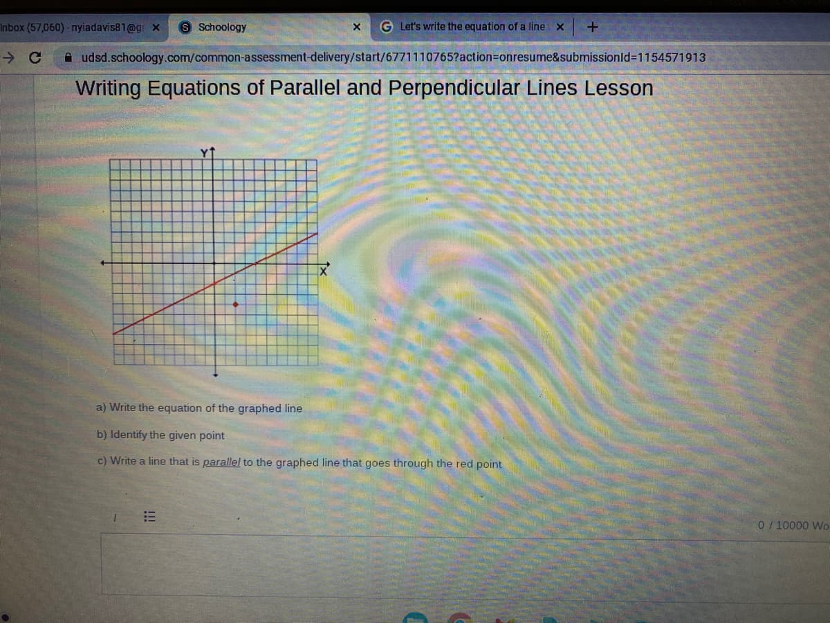 **Writing Equations of Parallel and Perpendicular Lines Lesson**

The image contains a graph with a Cartesian coordinate system (X and Y axes). The grid shows a red line that passes through specific points on the graph. Additionally, there is a red dot placed at certain coordinates.

Tasks:

a) Write the equation of the graphed line.

b) Identify the given point (the red dot).

c) Write a line that is parallel to the graphed line and goes through the red point.

**Diagram Details:**

- The diagram consists of a graph with a red line plotted on it. The line passes through the first quadrant and extends towards the third quadrant, indicating a positive slope.
- A red point is marked on the graph at an intersection of the grid lines.

Please complete the tasks by analyzing the graph and using appropriate mathematical methods to derive the equations and identify the coordinates.