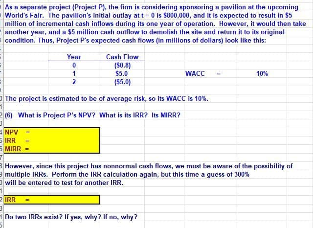 As a separate project (Project P), the firm is considering sponsoring a pavilion at the upcoming
World's Fair. The pavilion's initial outlay at t = 0 is $800,000, and it is expected to result in $5
million of incremental cash inflows during its one year of operation. However, it would then take
another year, and a $5 million cash outflow to demolish the site and return it to its original
I condition. Thus, Project P's expected cash flows (in millions of dollars) look like this:
Year
0
Cash Flow
($0.8)
1
2
$5.0
($5.0)
WACC
=
10%
O The project is estimated to be of average risk, so its WACC is 10%.
1
2 (6) What is Project P's NPV? What is its IRR? Its MIRR?
NPV
5 IRR
MIRR
8 However, since this project has nonnormal cash flows, we must be aware of the possibility of
9 multiple IRRs. Perform the IRR calculation again, but this time a guess of 300%
O will be entered to test for another IRR.
IRR
4 Do two IRRS exist? If yes, why? If no, why?