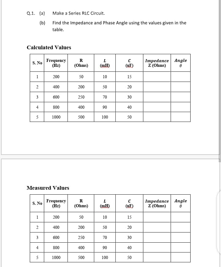 Q.1. (a)
Make a Series RLC Circuit.
(b)
Find the Impedance and Phase Angle using the values given in the
table.
Calculated Values
Frequency
(Hz)
Impedance Angle
Z (Ohms)
R
S. No
(Ohms)
(mH)
(uF)
1
200
50
10
15
2
400
200
50
20
3
600
250
70
30
4
80
400
90
40
5
1000
500
100
50
Measured Values
Frequency
(Hz)
Impedance Angle
Z (Ohms)
R
L.
S. No
(Ohms)
(mH)
(uF)
1
200
50
10
15
400
200
50
20
3
600
250
70
30
4
800
400
90
40
5
1000
500
100
50
2.
