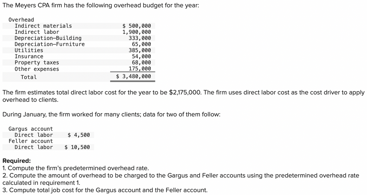 The Meyers CPA firm has the following overhead budget for the year:
Overhead
Indirect materials
Indirect labor
Depreciation-Building
Depreciation-Furniture
Utilities
Insurance
Property taxes
Other expenses
Total
$ 500,000
1,900,000
333,000
65,000
385,000
54,000
68,000
175,000
$ 3,480,000
The firm estimates total direct labor cost for the year to be $2,175,000. The firm uses direct labor cost as the cost driver to apply
overhead to clients.
During January, the firm worked for many clients; data for two of them follow:
Gargus account
Direct labor
$ 4,500
Feller account
Direct labor $ 10,500
Required:
1. Compute the firm's predetermined overhead rate.
2. Compute the amount of overhead to be charged to the Gargus and Feller accounts using the predetermined overhead rate
calculated in requirement 1.
3. Compute total job cost for the Gargus account and the Feller account.