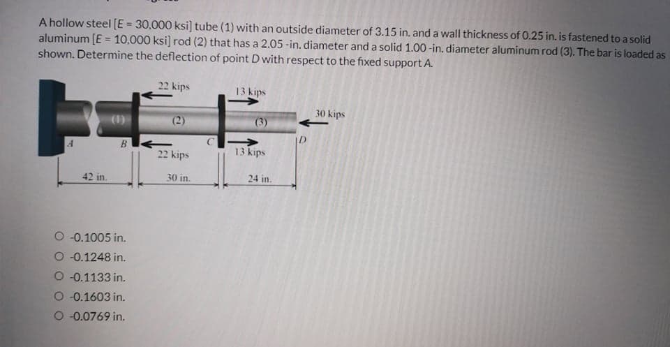 A hollow steel [E = 30,000 ksi] tube (1) with an outside diameter of 3.15 in. and a wall thickness of 0.25 in. is fastened toa solid
aluminum [E = 10,000 ksi] rod (2) that has a 2.05 -in. diameter and a solid 1.00-in. diameter aluminum rod (3). The bar is loaded as
shown. Determine the deflection of point D with respect to the fixed support A.
22 kips
13 kips
30 kips
(1)
(2)
(3)
22 kips
13 kips
42 in.
30 in.
24 in.
O 0.1005 in.
O -0.1248 in.
O 0.1133 in.
O -0.1603 in.
-0.0769 in.
