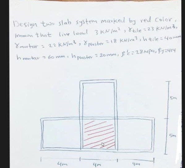 Design tws slab system marked by red color,
known that (ive loal 3 KN /m2, tie 23 KN/m3,
Plaster 18 KNim3,htile =4omm
Emortar : 22 KN/m3, 8
h mortar = 60 mm i
h plaster = 20mm, fe:28Mpa, fy-414
5m
4m
4m
