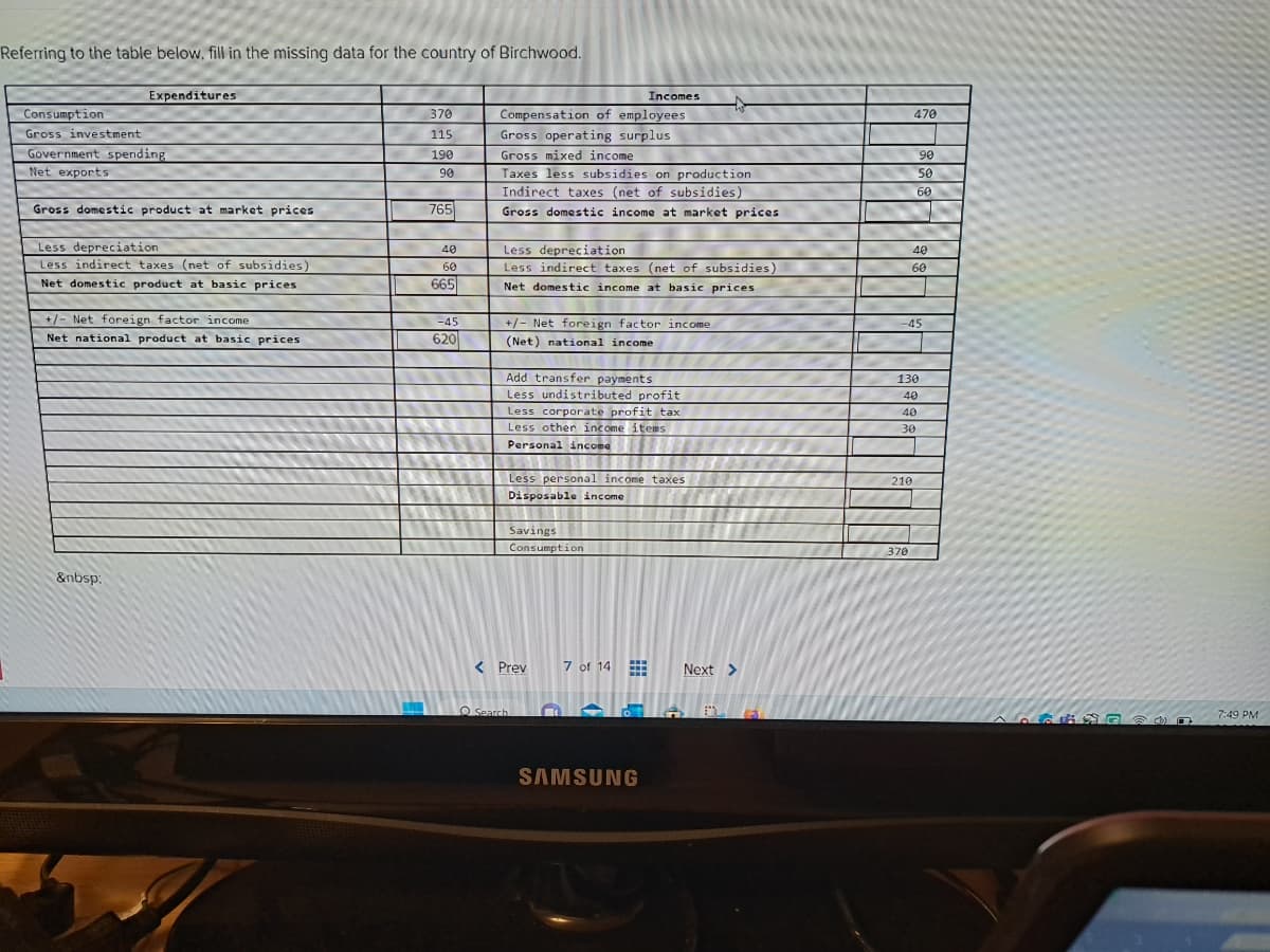 Referring to the table below, fill in the missing data for the country of Birchwood.
Expenditures
Consumption
Gross investment
Government spending
Net exports
Gross domestic product at market prices
Less depreciation.
Less indirect taxes (net of subsidies)
Net domestic product at basic prices
+/- Net foreign factor income
Net national product at basic prices
&nbsp;
370
115
190
90
765
40
60
665
-45
620
Incomes
Compensation of employees
Gross operating surplus.
Gross mixed income.
Taxes less subsidies on production
Indirect taxes (net of subsidies)
Gross domestic income at market prices
Less depreciation
Less indirect taxes (net of subsidies)
Net domestic income at basic prices
+/- Net foreign factor income
(Net) national income.
777
Add transfer payments
Less undistributed profit
Less corporate profit tax
Less other income items
Personal income
Less personal income taxes
Disposable income
Savings
Consumption
< Prev
O Search
7 of 14
SAMSUNG
Next >
470
90
50
60
40
60
-45
210
370
130
40
40
30
7:49 PM