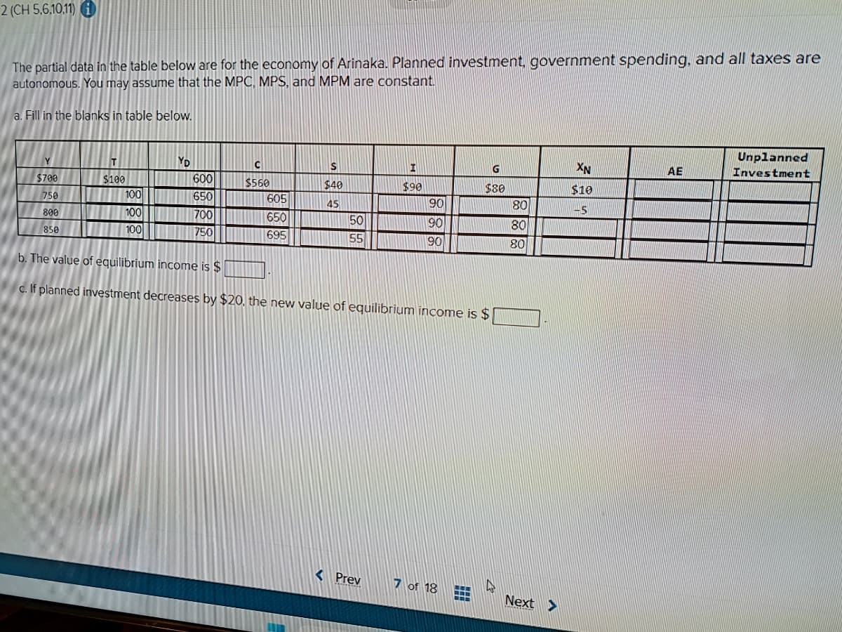 2 (CH 5,6,10,11)
The partial data in the table below are for the economy of Arinaka. Planned investment, government spending, and all taxes are
autonomous. You may assume that the MPC, MPS, and MPM are constant.
a. Fill in the blanks in table below.
Y
$700
750
800
850
T
$100
100
100
100
YD
600
650
700
750
C
$560
605
650
695
S
$40
45
50
55
I
$90
< Prev
90
90
90
b. The value of equilibrium income is $
c. If planned investment decreases by $20, the new value of equilibrium income is $
7 of 18
G
$80
#
HA
80
80
80
Next >
XN
$10
-5
AE
Unplanned
Investment