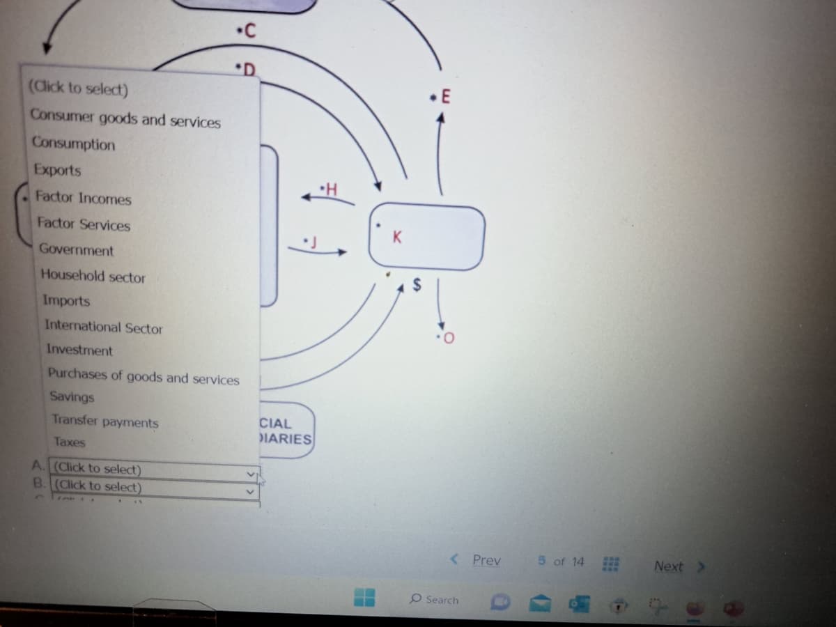 (Click to select)
Consumer goods and services
Consumption
Exports
Factor Incomes
Factor Services
Government
Household sector
Imports
International Sector
Investment
Purchases of goods and services
Savings
Transfer payments
Taxes
A. (Click to select)
B. (Click to select)
.C
.
V
CIAL
DIARIES
H
E
< Prev
O Search
D
5 of 14
Next >
A
31