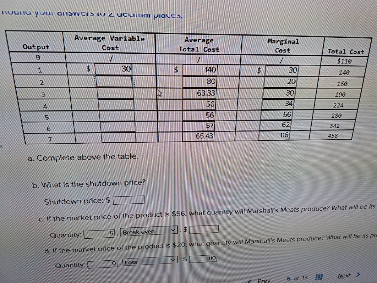 Round your answeis LU 2 UCUNTial plats.
Output
1
3
4
5
6
www.
Average Variable
Cost
30
a. Complete above the table.
Quantity:
Break-even
$
Average
Total Cost
1
O Loss
140
80
63.33
56
56
57
65.43
✔ $
Marginal
Cost
110
30
20
30
34
Prev
56
62
116
b. What is the shutdown price?
Shutdown price: $
c. If the market price of the product is $56, what quantity will Marshall's Meats produce? What will be its
✓:$
Total Cost
$110
140
6 of 13
160
Quantity:
d. If the market price of the product is $20, what quantity will Marshall's Meats produce? What will be its pre
#
190
224
280
342
458
Next >