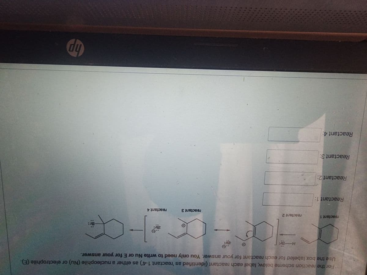 For the reaction scheme below, label each reactant (identified as 'reactant 1-4') as either a nucleophile (Nu) or electrophile (E).
Use the box labeled for each reactant for your answer. You only need to write Nu or E for your answer.
raactant 1
Reactant 1:
Reactant 2:
Reactant 3:
Reactant 4:
H-Br:
reactant 2
Br:
NA
Chetis
reactant 3
Br:
|-- O
reactant 4
hp