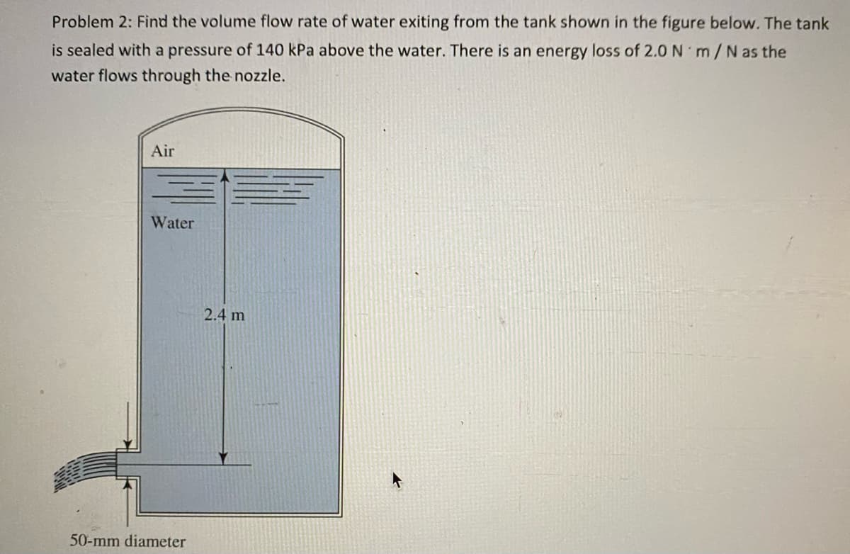 Problem 2: Find the volume flow rate of water exiting from the tank shown in the figure below. The tank
is sealed with a pressure of 140 kPa above the water. There is an energy loss of 2.0 N m/N as the
water flows through the nozzle.
Air
Water
2.4 m
50-mm diameter
