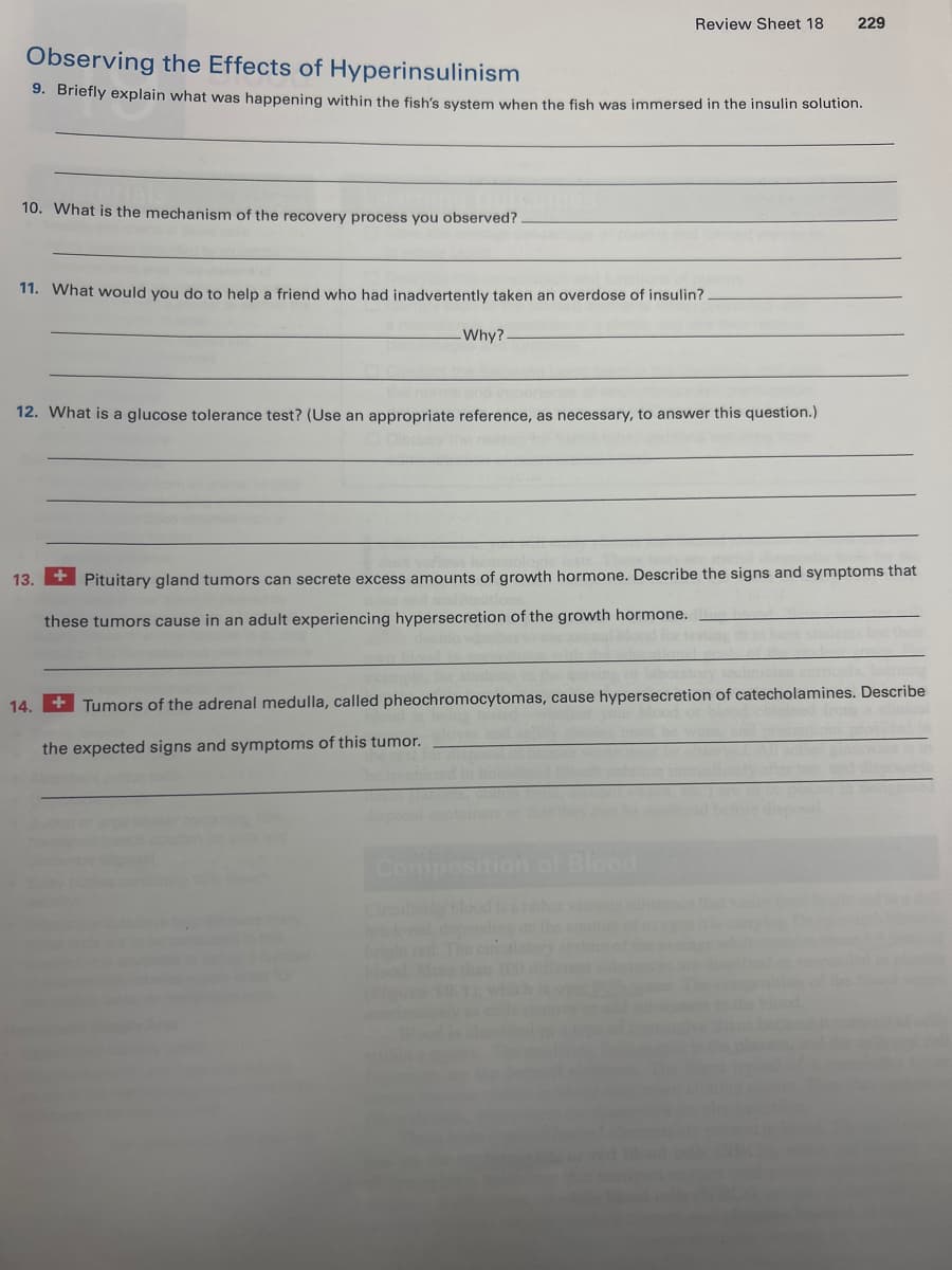 Review Sheet 18
229
Observing the Effects of Hyperinsulinism
9. Briefly explain what was happening within the fish's system when the fish was immersed in the insulin solution.
10. What is the mechanism of the recovery process you observed?.
11. What would you do to help a friend who had inadvertently taken an overdose of insulin?.
Why?-
12. What is a glucose tolerance test? (Use an appropriate reference, as necessary, to answer this question.)
13.
+Pituitary gland tumors can secrete excess amounts of growth hormone. Describe the signs and symptoms that
these tumors cause in an adult experiencing hypersecretion of the growth hormone.
14.
+Tumors of the adrenal medulla, called pheochromocytomas, cause hypersecretion of catecholamines. Describe
the expected signs and symptoms of this tumor.
Composition of Blood