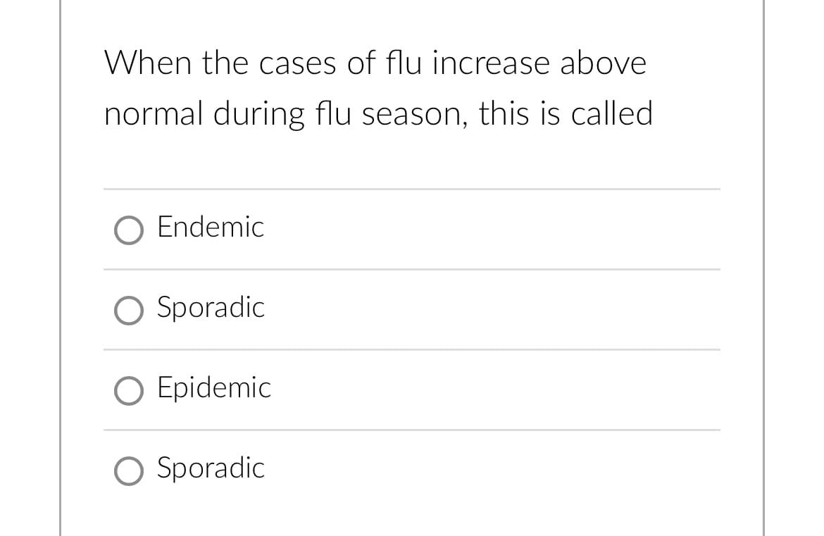 When the cases of flu increase above
normal during flu season, this is called
O Endemic
Sporadic
O Epidemic
Sporadic