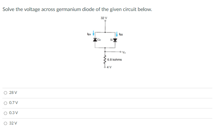 Solve the voltage across germanium diode of the given circuit below.
32 V
lot
loz
Ge
6.8 kohms
4 V
28 V
O 0.7 V
O 0.3 V
O 32 V
