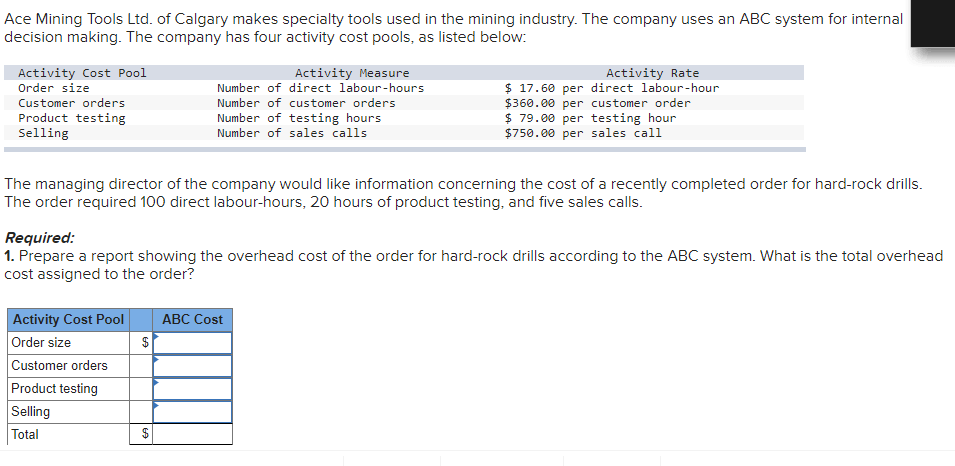 Ace Mining Tools Ltd. of Calgary makes specialty tools used in the mining industry. The company uses an ABC system for internal
decision making. The company has four activity cost pools, as listed below:
Activity Rate
$ 17.60 per direct labour-hour
$360.00 per customer order
$ 79.00 per testing hour
$750.00 per sales call
Activity Cost Pool
Order size
Activity Measure
Number of direct labour-hours
Customer orders
Number of customer orders
Product testing
Selling
Number of testing hours
Number of sales calls
The managing director of the company would like information concerning the cost of a recently completed order for hard-rock drills.
The order required 100 direct labour-hours, 20 hours of product testing, and five sales calls.
Required:
1. Prepare a report showing the overhead cost of the order for hard-rock drills according to the ABC system. What is the total overhead
cost assigned to the order?
Activity Cost Pool
АВС Cost
Order size
$
Customer orders
Product testing
Selling
Total
%24
