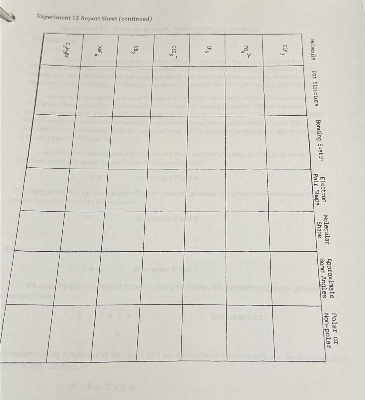 Experiment 12 Report Sheet (continued)
XeF
$
C₂HzBr
CS2
IF 5
C103
Molecule
Dot Structure
Bonding Sketch
Electron
Pair Shape
Molecular
Shape
Approximate
Bond Angles
CIF3
PO 3-
Aca
abe of mois
Polar or
Non-polar