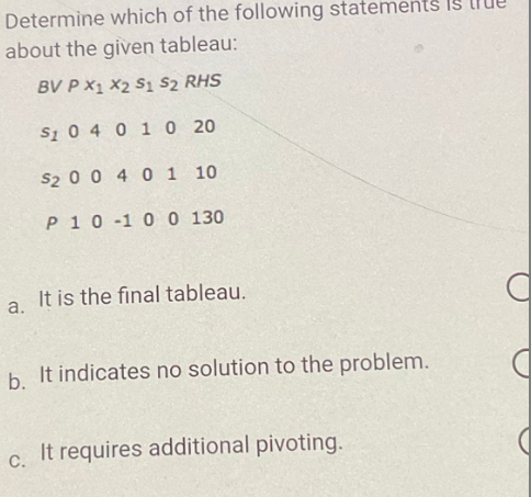 Determine which of the following statem
about the given tableau:
BV P X1 X2 S1 S2 RHS
S1 0 4 0 1 0 20
$2 0 0 4 0 1 10
P10-1 0 0 130
a. It is the final tableau.
b. It indicates no solution to the problem.
C.
c. It requires additional pivoting.
C