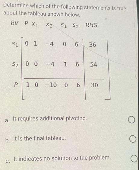 Determine which of the following statements is true
about the tableau shown below.
a.
BV P X1 X2 S1 S2
X2 S1
S1 0 1
S₂ RHS
-4 0 6 36
S2 0 0 -4 1 6 54
P 10 -10 0 6 30
It requires additional pivoting.
b. It is the final tableau.
It indicates no solution to the problem.
C.
O