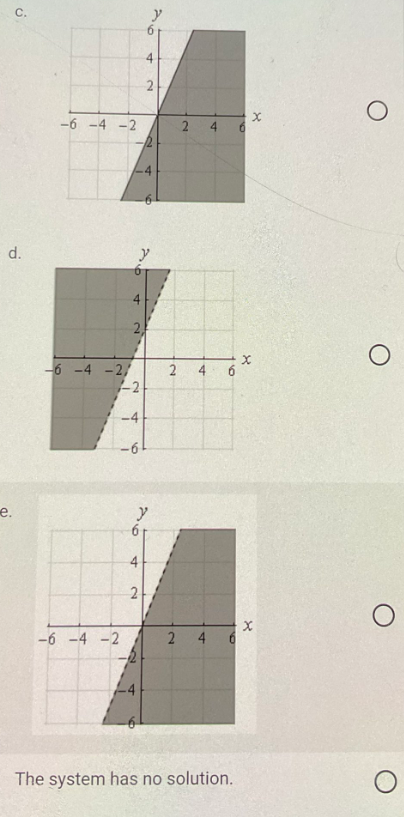 ن
d.
e.
-6-4-2
-6-4-2
-6 -4 -2/
1-2
-4
-2
-4
4
4
2
26
2
a
76
2 4
2 4 6
2 4 6
The system has no solution.
TO
X
X
X
O
O