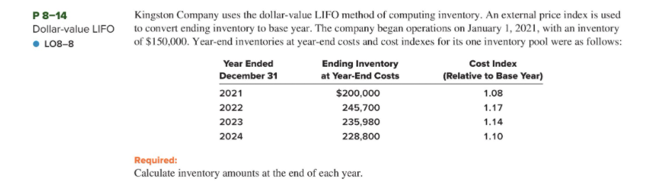 Kingston Company uses the dollar-value LIFO method of computing inventory. An external price index is used
to convert ending inventory to base year. The company began operations on January 1, 2021, with an inventory
of $150,000. Year-end inventories at year-end costs and cost indexes for its one inventory pool were as follows:
P8-14
Dollar-value LIFO
• LO8-8
Year Ended
Ending Inventory
Cost Index
December 31
at Year-End Costs
(Relative to Base Year)
2021
$200,000
1.08
2022
245,700
1.17
2023
235,980
1.14
2024
228,800
1.10
Required:
Calculate inventory amounts at the end of each year.
