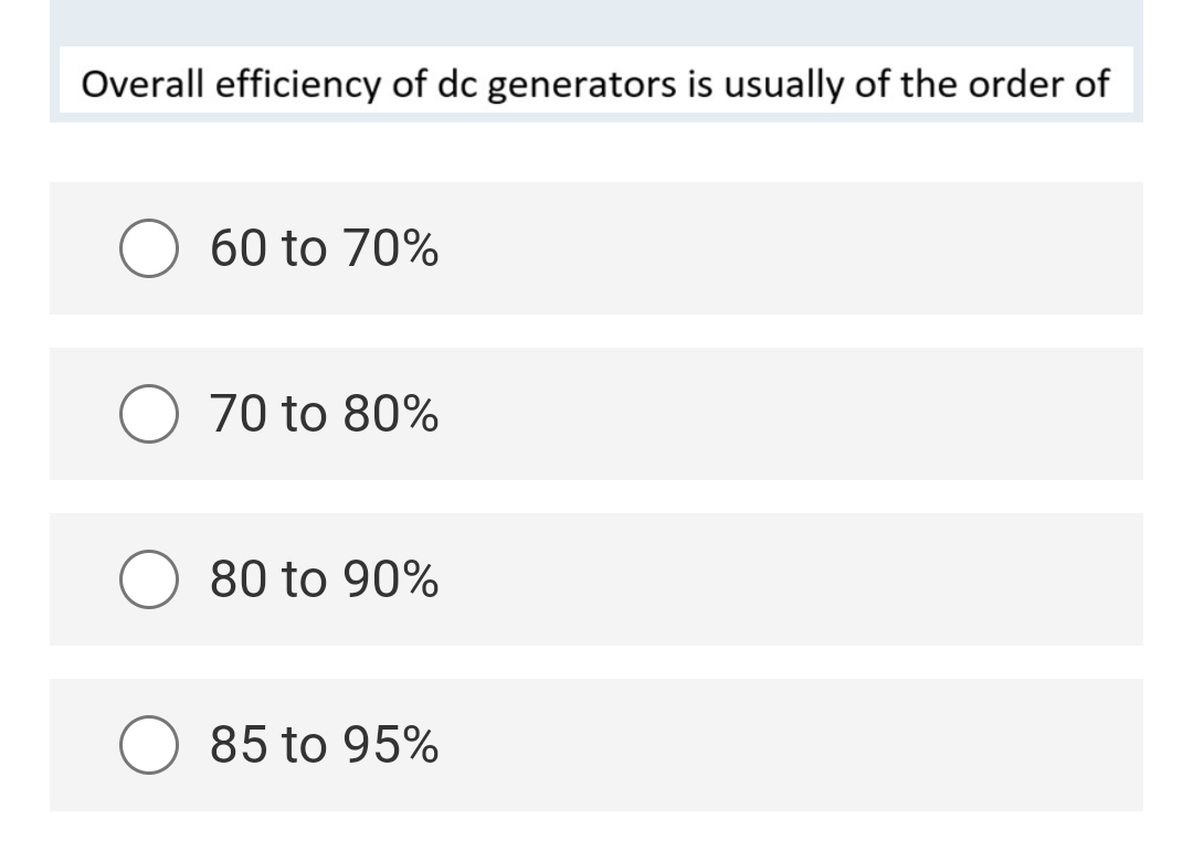 Overall efficiency of dc generators is usually of the order of
60 to 70%
70 to 80%
80 to 90%
85 to 95%