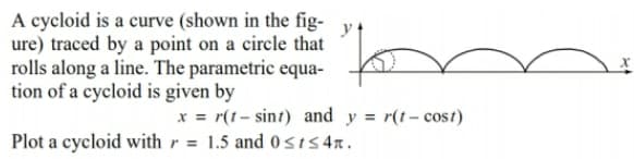 A cycloid is a curve (shown in the fig-
ure) traced by a point on a circle that
rolls along a line. The parametric equa-
tion of a cycloid is given by
x = r(1- sint) and y = r(t- cost)
Plot a cycloid with r = 1.5 and 0s1S 4n.
