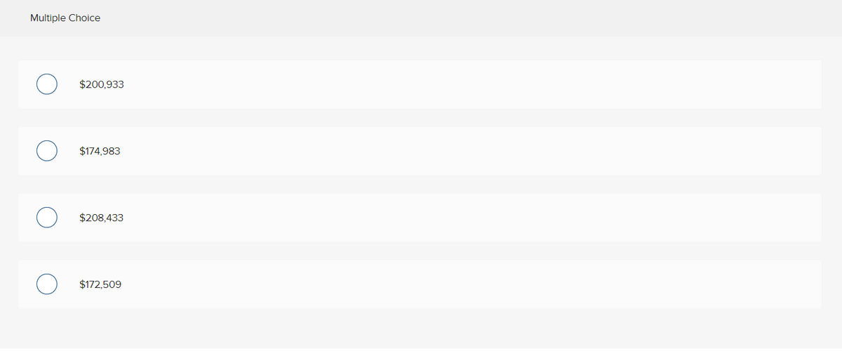 Multiple Choice
$200,933
$174,983
$208,433
$172,509