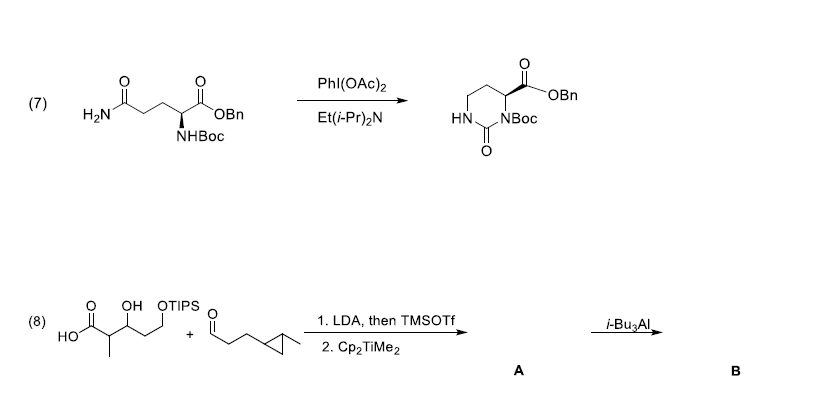 Phl(OAc)2
OBn
(7)
H2N
OBn
Et(i-Pr)2N
HN.
NBoc
NHBOC
OH OTIPS
(8)
но
1. LDA, then TMSOTF
i-Bu Al
2. Cp2TIMe2
A
B
