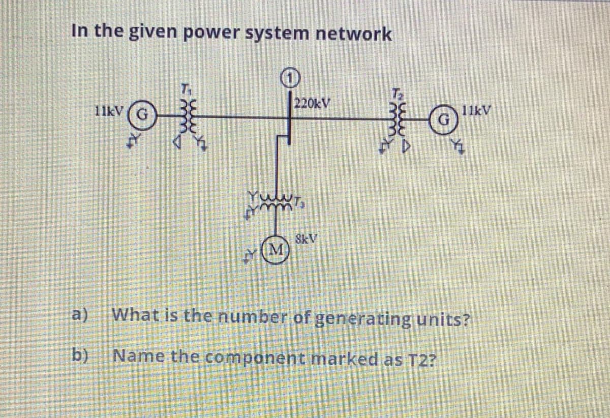 In the given power system network
220kV
11kV
11kV
4.
SkV
a)
What is the number of generating units?
b)
Name the component marked as T2?
