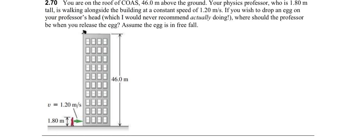 2.70 You are on the roof of COAS, 46.0 m above the ground. Your physics professor, who is 1.80 m
tall, is walking alongside the building at a constant speed of 1.20 m/s. If you wish to drop an egg on
your professor's head (which I would never recommend actually doing!), where should the professor
be when you release the egg? Assume the egg is in free fall.
v = 1.20 m/s
1.80 m
-
46.0 m