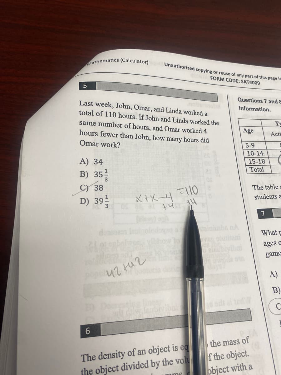 Mathematics (Calculator)
5
Last week, John, Omar, and Linda worked a
total of 110 hours. If John and Linda worked the
same number of hours, and Omar worked 4
hours fewer than John, how many hours did
Omar work?
A) 34
B) 35-
C) 38
D) 39¹
3
Glob
6
Unauthorized copying or reuse of any part of this page is
CONTA FORM CODE: SAT#009
иг ніг
110
X+X-4
ні 14
The density of an object is eq
the object divided by the volu
Questions 7 and 8
information.
avec stutta
es
o plaublyibai
Age
sodi si trd
5-9
10-14
15-18
Total
the mass of
f the object.
object with a
T
Acti
The table a
students a
7
What p
ages c
game
A)
B)