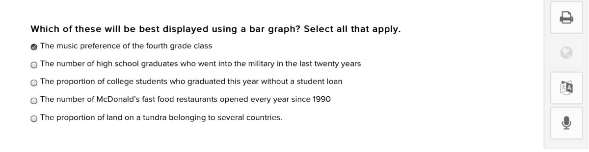 Which of these will be best displayed using a bar graph? Select all that apply.
O The music preference of the fourth grade class
O The number of high school graduates who went into the military in the last twenty years
O The proportion of college students who graduated this year without a student loan
O The number of McDonald's fast food restaurants opened every year since 1990
O The proportion of land on a tundra belonging to several countries.
