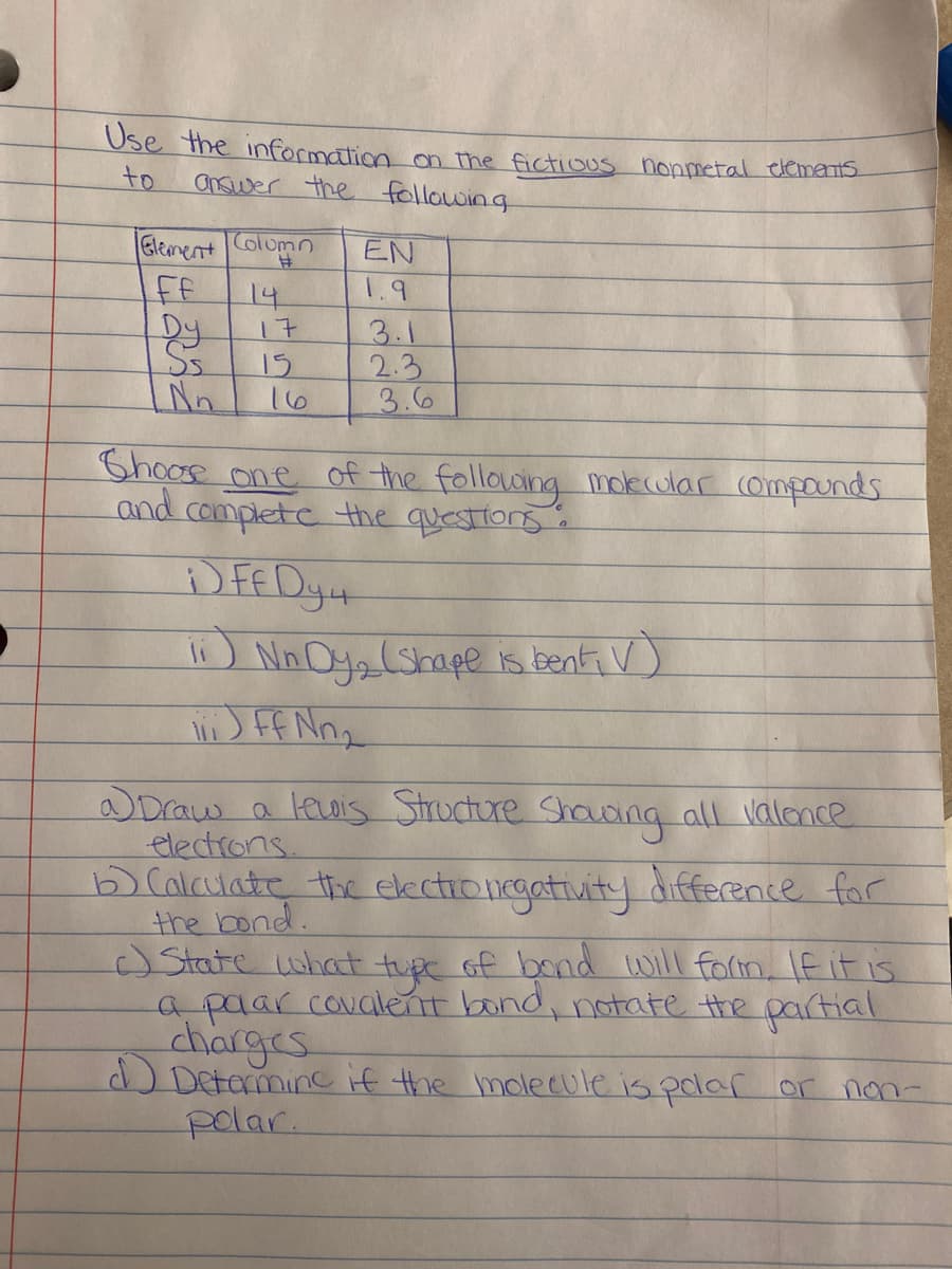 Use the information on the fictious nonmetal elements.
to
answer the following
Element Colomn
EN
ff
1.9
14
17
3.1
2.3
3.6
15
Nn
16
Shoos one
of the followng mokcular compounds
and
completc the queSTIons:
Nn Oyzlshape is benti V)
ODraw a leuis Structure Shoudng all lalonce
electrons.
) Calculate the electrongativity
the bond.
State what
a paar covalert band, notate the partial
difference for
Gf bond will form If it is
charges
d) Detamine if the molecule is polar or
polar.
non-
