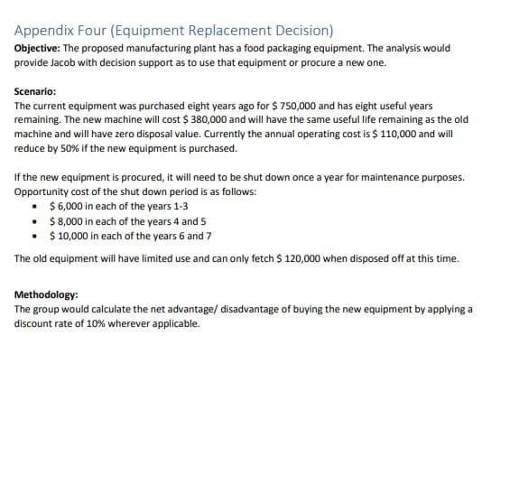 Appendix Four (Equipment Replacement Decision)
Objective: The proposed manufacturing plant has a food packaging equipment. The analysis would
provide Jacob with decision support as to use that equipment or procure a new one.
Scenario:
The current equipment was purchased eight years ago for $750,000 and has eight useful years
remaining. The new machine will cost $ 380,000 and will have the same useful life remaining as the old
machine and will have zero disposal value. Currently the annual operating cost is $ 110,000 and will
reduce by 50% if the new equipment is purchased.
If the new equipment is procured, it will need to be shut down once a year for maintenance purposes.
Opportunity cost of the shut down period is as follows:
• $6,000 in each of the years 1-3
• $8,000 in each of the years 4 and 5
$ 10,000 in each of the years 6 and 7
The old equipment will have limited use and can only fetch $ 120,000 when disposed off at this time.
Methodology:
The group would calculate the net advantage/ disadvantage of buying the new equipment by applying a
discount rate of 10% wherever applicable.