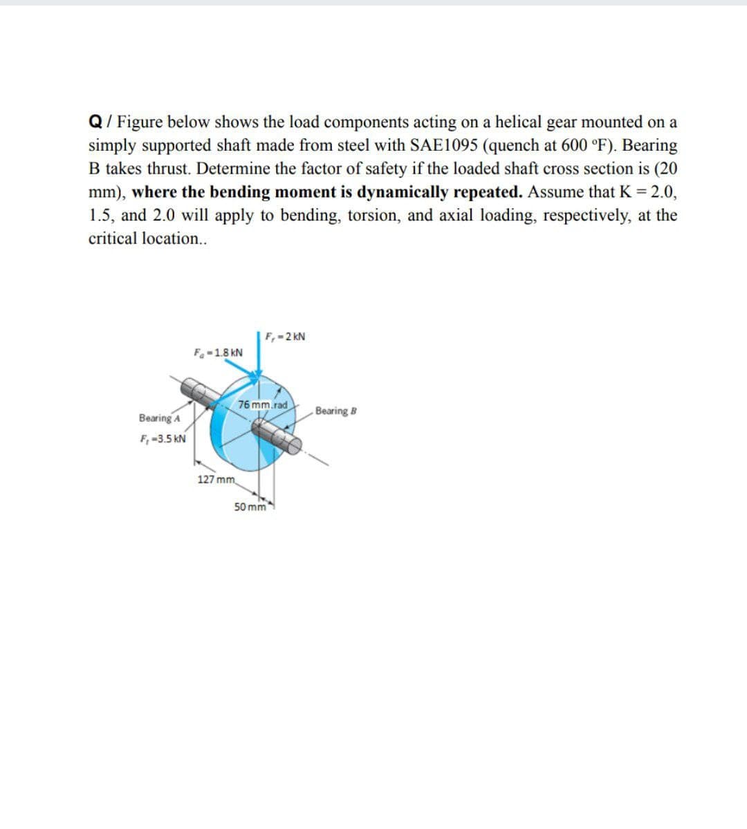Q/ Figure below shows the load components acting on a helical gear mounted on a
simply supported shaft made from steel with SAE1095 (quench at 600 °F). Bearing
B takes thrust. Determine the factor of safety if the loaded shaft cross section is (20
mm), where the bending moment is dynamically repeated. Assume that K = 2.0,
1.5, and 2.0 will apply to bending, torsion, and axial loading, respectively, at the
critical location...
F, -2 kN
Fa-1.8 kN
76 mm.rad
Bearing B
Bearing A
F, -3.5 kN
127 mm
50 mm
