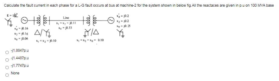 Calculate the fault current in each phase for a L-G fault occurs at bus at machine-2 for the system shown in below fig.All the reactaces are given in p.u on 100 MVA base
E- 1
Line
*- j0.2
X,x" j0.11
Xe = j033
A2- 10.2
x- 0.16
Xe = 0. 25
X = 0.16
Xe - j0.06
X, x2 - j0.10
Xx xg- D.10
-j1.8847p.u
-j1.4487p.u
-j1.7747p.u
None
