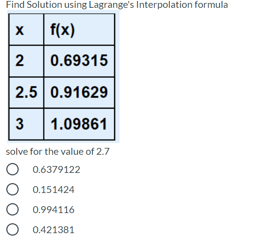 Find Solution using Lagrange's Interpolation formula
X
f(x)
2
0.69315
2.5 0.91629
3
1.09861
solve for the value of 2.7
0.6379122
0.151424
0.994116
0.421381
