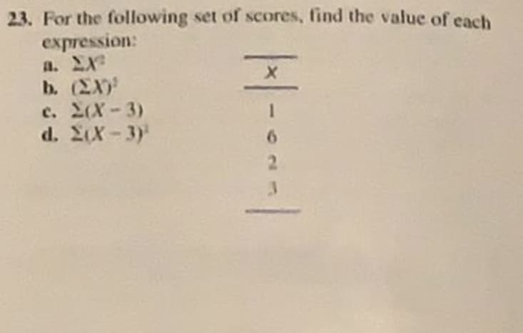 For the following set of scores, find the value of each
expression:
A. XX
b. (2X)
c. X(X-3)
d. 2X-3)
1.
6.
2
