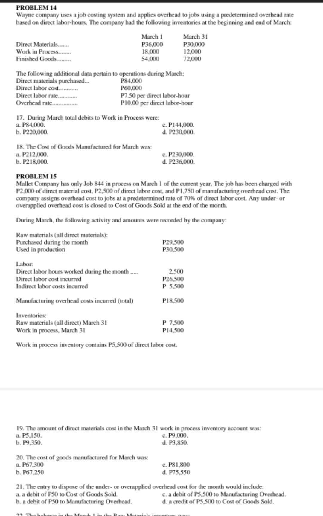 PROBLEM 14
Wayne company uses a job costing system and applies overhead to jobs using a predetermined overhead rate
based on direct labor-hours. The company had the following inventories at the beginning and end of March:
Direct Materials.
Work in Process.
Finished Goods...
March 1
P36,000
18,000
54,000
March 31
P30,000
12,000
72,000
The following additional data pertain to operations during March:
Direct materials purchased.
Direct labor cost..
P84,000
P60,000
Direct labor rate..
Overhead rate.....
P7.50 per direct labor-hour
P10.00 per direct labor-hour
17. During March total debits to Work in Process were:
a. P84,000.
b. Р220,000.
c. P144,000.
d. P230,000.
18. The Cost of Goods Manufactured for March was:
a. P212,000.
b. P218,000.
c. P230,000.
d. P236,000.
PROBLEM 15
Mallet Company has only Job 844 in process on March I of the current year. The job has been charged with
P2,000 of direct material cost, P2,500 of direct labor cost, and P1,750 of manufacturing overhead cost. The
company assigns overhead cost to jobs at a predetermined rate of 70% of direct labor cost. Any under- or
overapplied overhead cost is closed to Cost of Goods Sold at the end of the month.
During March, the following activity and amounts were recorded by the company:
Raw materials (all direct materials):
Purchased during the month
Used in production
P29,500
P30,500
Labor:
Direct labor hours worked during the month...
Direct labor cost incurred
Indirect labor costs incurred
2,500
P26,500
P 5,500
Manufacturing overhead costs incurred (total)
P18,500
Inventories:
Raw materials (all direct) March 31
Work in process, March 31
P 7,500
P14,500
Work in process inventory contains P5,500 of direct labor cost.
19. The amount of direct materials cost in the March 31 work in process inventory account was:
a. P5,150.
b. P9,350.
c. P9,000.
d. P3,850.
20. The cost of goods manufactured for March was:
a P67,300
b. P67,250
c. P81,800
d. P75,550
21. The entry to dispose of the under- or overapplied overhead cost for the month woukd include:
a. a debit of PS0 to Cost of Goods Sold.
b. a debit of P50 to Manufacturing Overhead.
c. a debit of P5,500 to Manufacturing Overhead.
d. a credit of PS,500 to Cost of Goods Sold.
22 The belonge in he Menoh Lin the Po
toriele inuontomun
