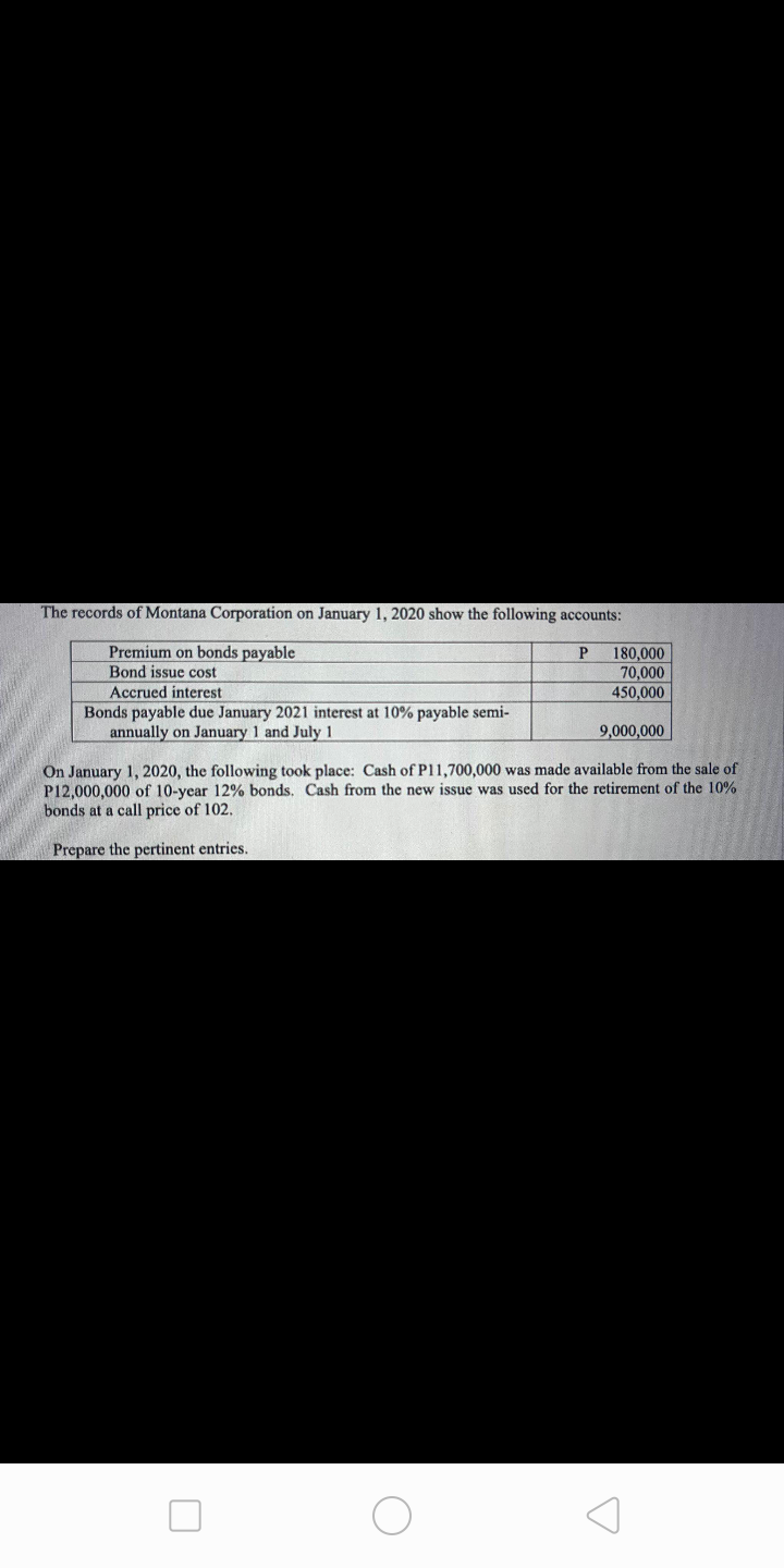 The records of Montana Corporation on January 1, 2020 show the following accounts:
Premium on bonds payable
P.
180,000
70.000
450,000
Bond issue cost
Accrued interest
Bonds payable due January 2021 interest at 10% payable semi-
annually on January 1 and July 1
9,000,000
On January 1, 2020, the following took place: Cash of P11,700,000 was made available from the sale of
P12,000,000 of 10-year 12% bonds. Cash from the new issue was used for the retirement of the 10%
bonds at a call price of 102.
Prepare the pertinent entries.
