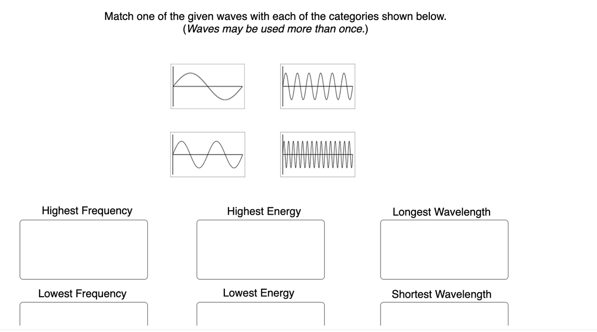 Match one of the given waves with each of the categories shown below.
(Waves may be used more than once.)
Highest Frequency
Lowest Frequency
A
Highest Energy
Lowest Energy
Longest Wavelength
Shortest Wavelength